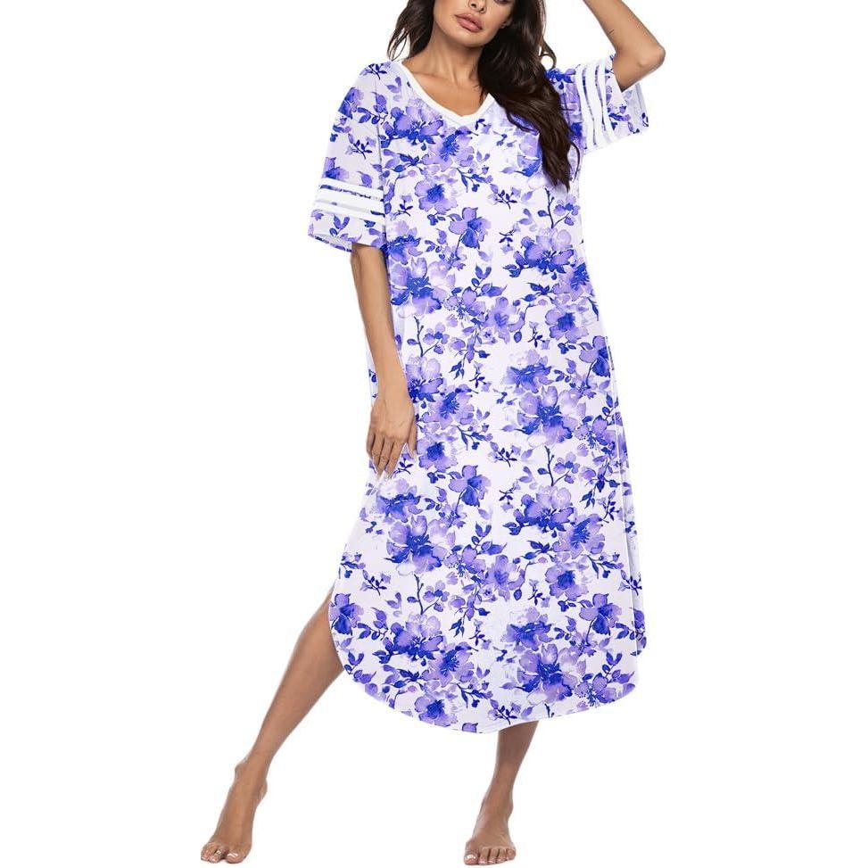 imageEkouaer Long Nightgown Womens V Neck Loungewear Oversized Sleepwear Loose Sleep Dress S4XLPurple Watercolor Flowers