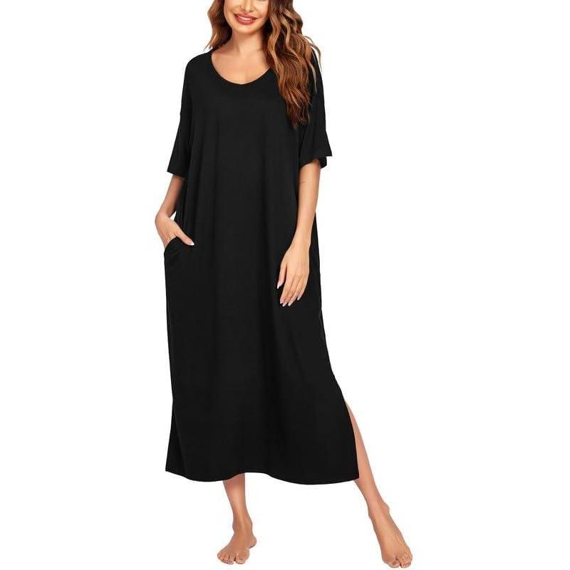 imageEkouaer Long Nightgown for Women Short Sleeve Sleepwear Plus Size Loungewear with Pockets M5XLBlack