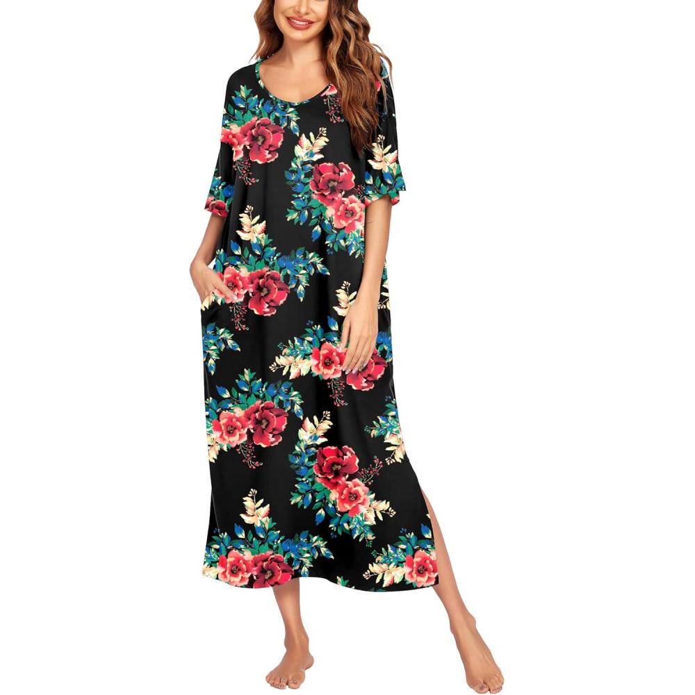 imageEkouaer Long Nightgown for Women Short Sleeve Sleepwear Plus Size Loungewear with Pockets M5XLBlack Floral