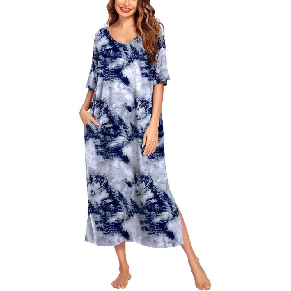 imageEkouaer Long Nightgown for Women Short Sleeve Sleepwear Plus Size Loungewear with Pockets M5XLBlue Tie Dye