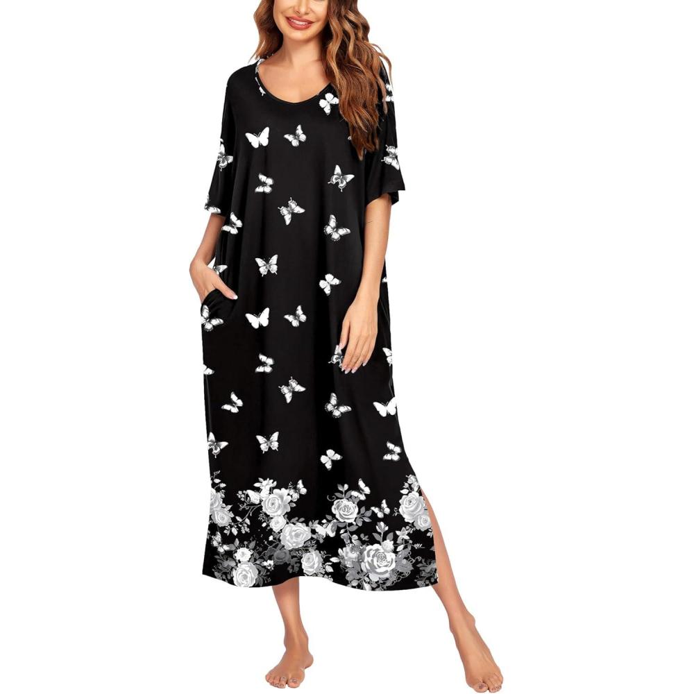 imageEkouaer Long Nightgown for Women Short Sleeve Sleepwear Plus Size Loungewear with Pockets M5XLButterfly