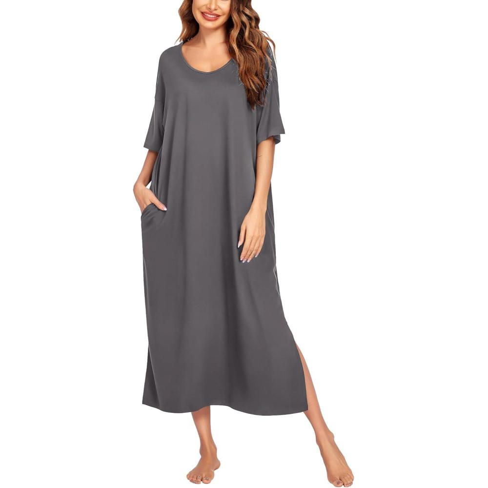 imageEkouaer Long Nightgown for Women Short Sleeve Sleepwear Plus Size Loungewear with Pockets M5XLDark Grey