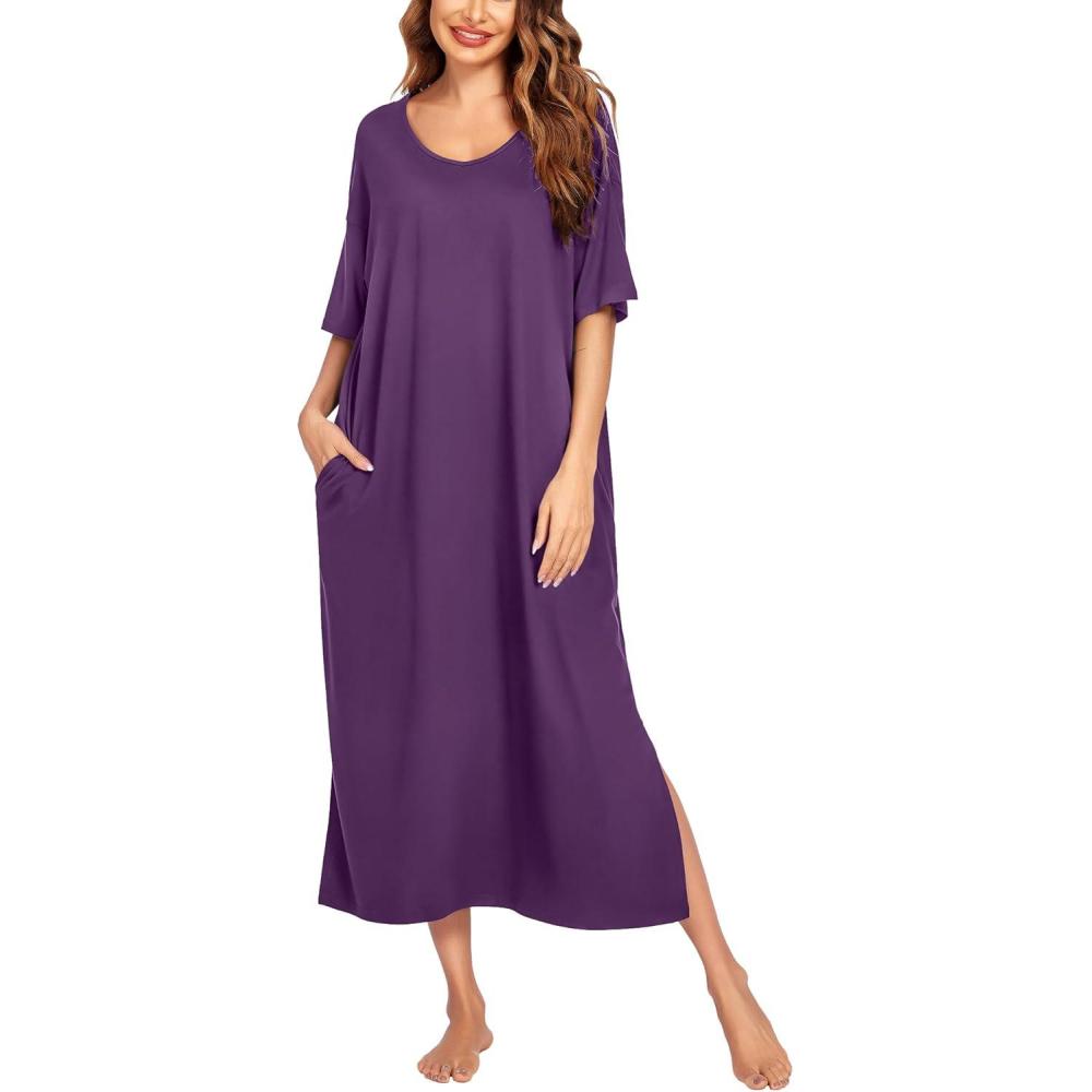 imageEkouaer Long Nightgown for Women Short Sleeve Sleepwear Plus Size Loungewear with Pockets M5XLDark Purple