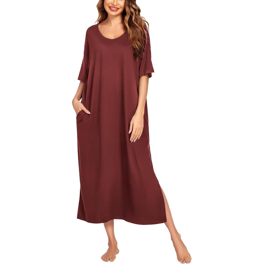 imageEkouaer Long Nightgown for Women Short Sleeve Sleepwear Plus Size Loungewear with Pockets M5XLWine Red