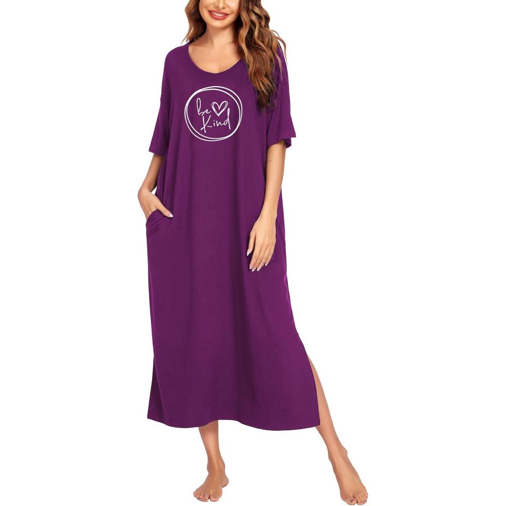 imageEkouaer Long Nightgown for Women Short Sleeve Sleepwear Plus Size Loungewear with Pockets M5XLWineberry Heart