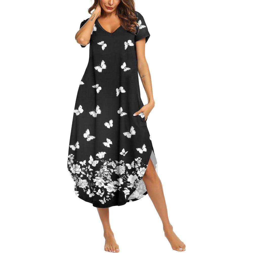imageEkouaer Long Nightgowns for Women Short Sleeve House Dress with Pockets V Neck Sleepshirts Side Split Sleepwear S4XLBlack Butterfly
