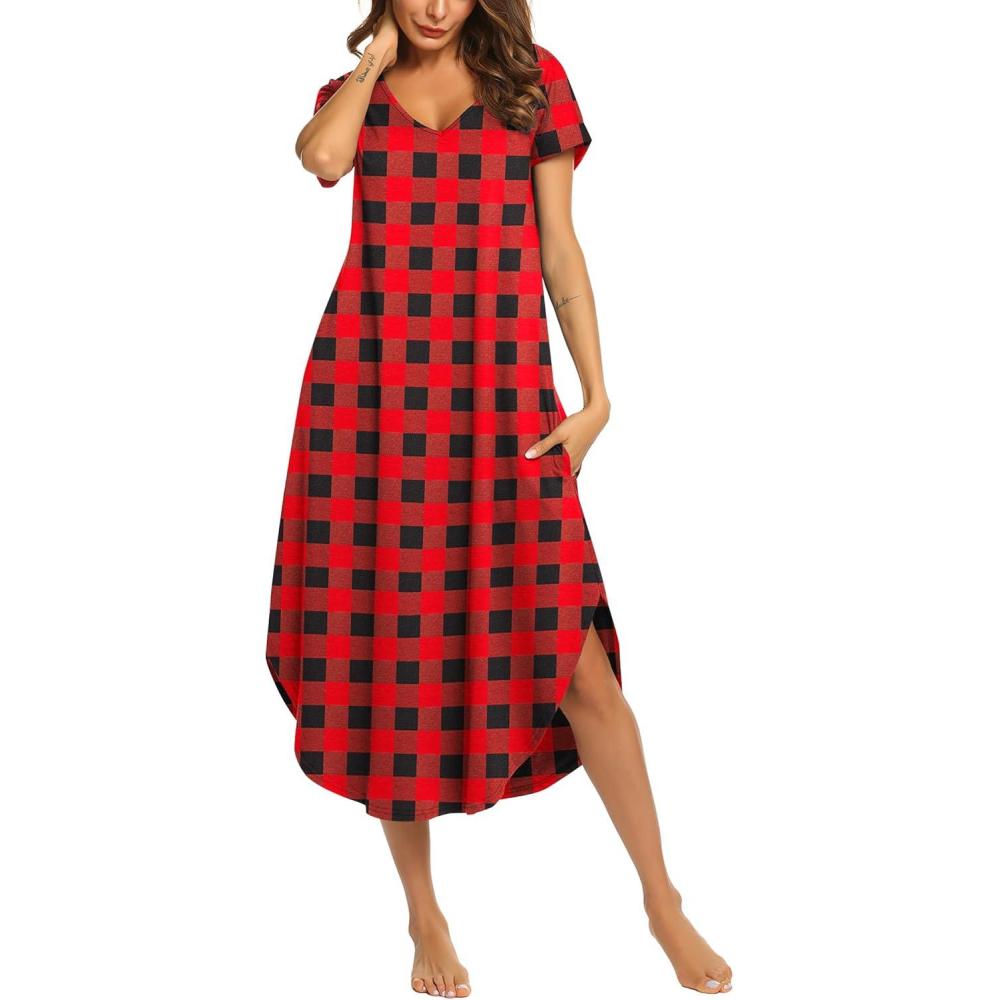imageEkouaer Long Nightgowns for Women Short Sleeve House Dress with Pockets V Neck Sleepshirts Side Split Sleepwear S4XLBlack Red Plaid