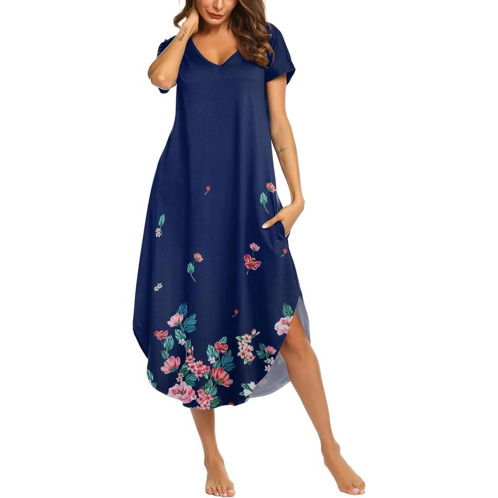 imageEkouaer Long Nightgowns for Women Short Sleeve House Dress with Pockets V Neck Sleepshirts Side Split Sleepwear S4XLBlue