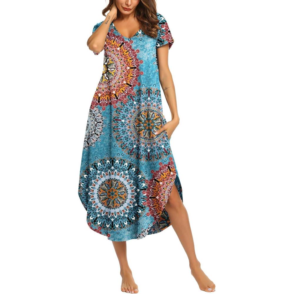 imageEkouaer Long Nightgowns for Women Short Sleeve House Dress with Pockets V Neck Sleepshirts Side Split Sleepwear S4XLBlue Circle