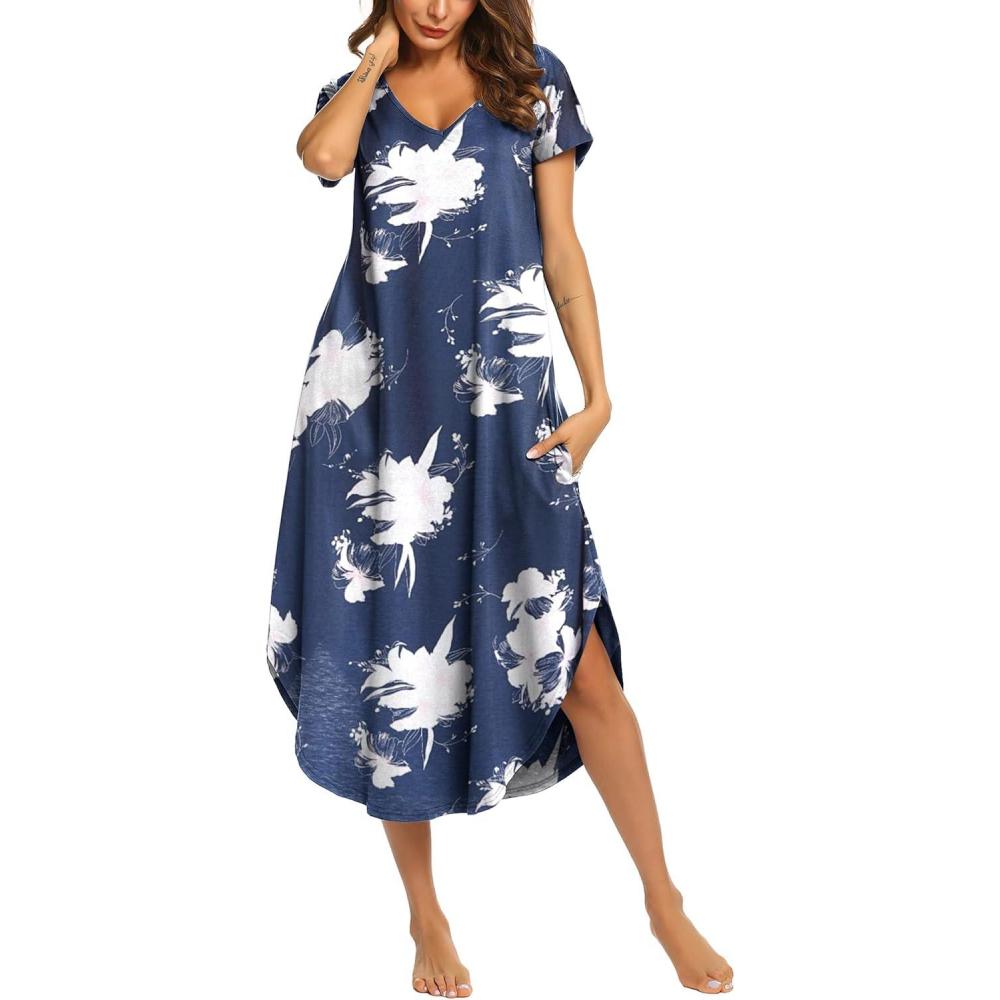 imageEkouaer Long Nightgowns for Women Short Sleeve House Dress with Pockets V Neck Sleepshirts Side Split Sleepwear S4XLBlue Tie Dye