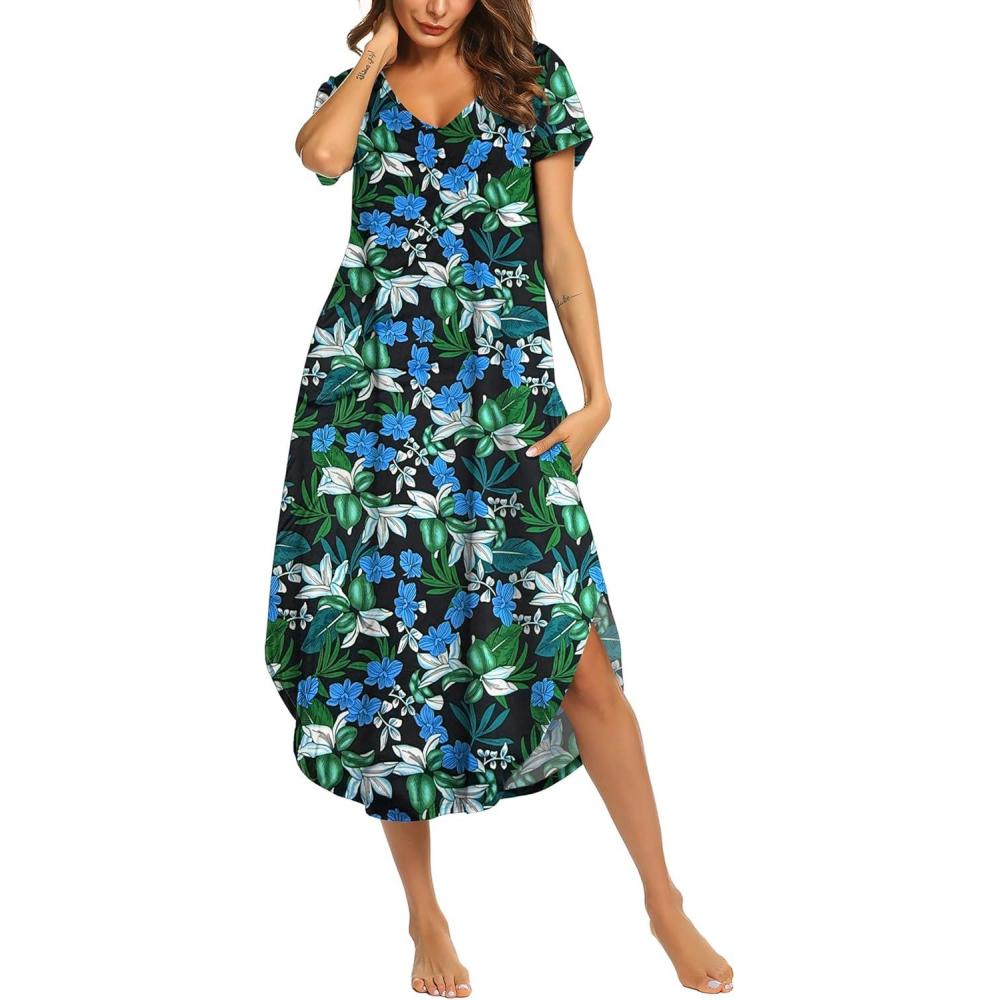 imageEkouaer Long Nightgowns for Women Short Sleeve House Dress with Pockets V Neck Sleepshirts Side Split Sleepwear S4XLDark Green Floral