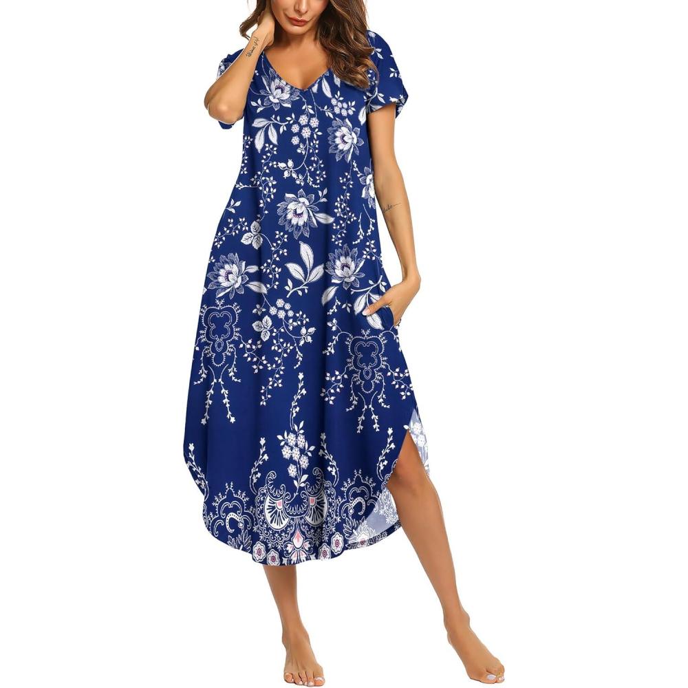 imageEkouaer Long Nightgowns for Women Short Sleeve House Dress with Pockets V Neck Sleepshirts Side Split Sleepwear S4XLEvening Blue Vines