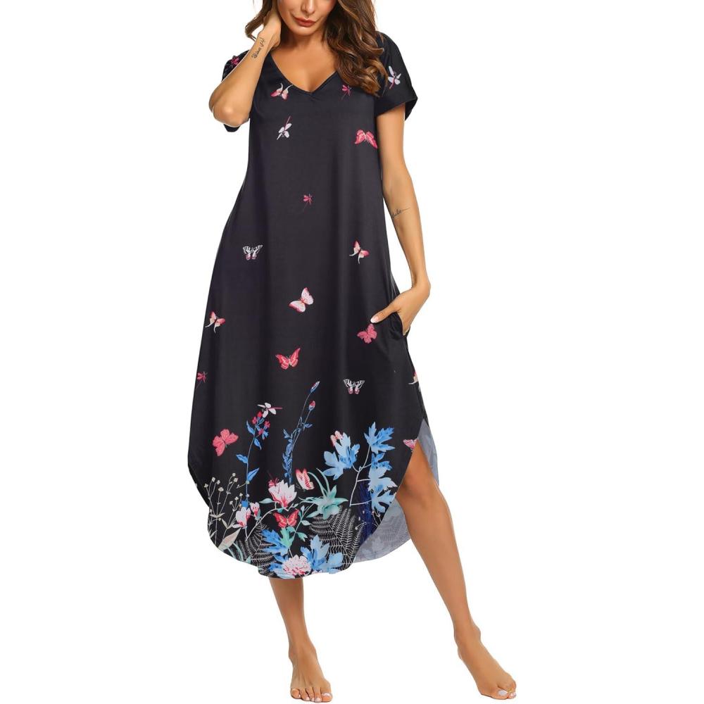 imageEkouaer Long Nightgowns for Women Short Sleeve House Dress with Pockets V Neck Sleepshirts Side Split Sleepwear S4XLFlower Butterfly