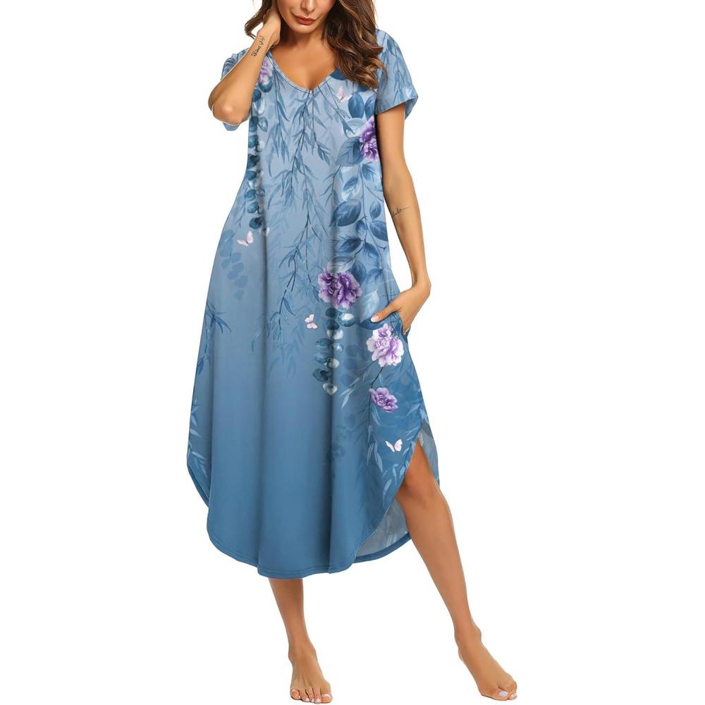 imageEkouaer Long Nightgowns for Women Short Sleeve House Dress with Pockets V Neck Sleepshirts Side Split Sleepwear S4XLSky Blue Floral