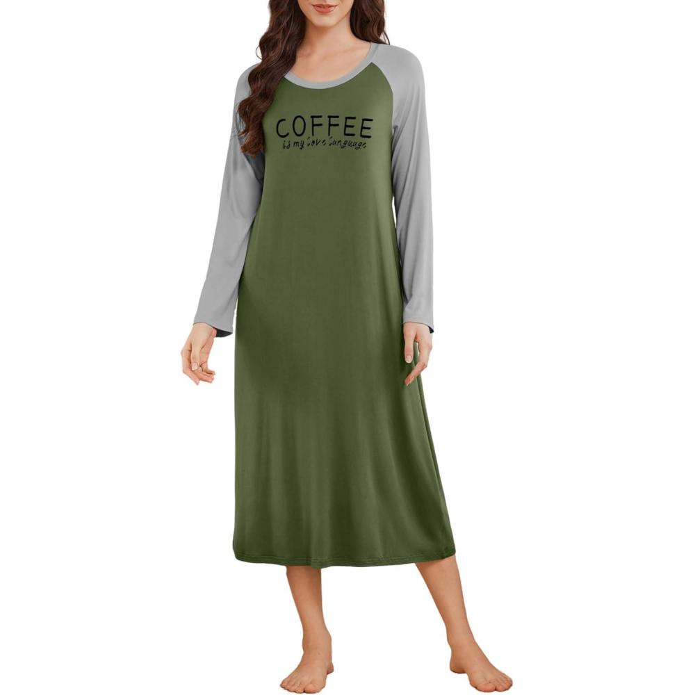 imageEkouaer Long Sleeve Nightgowns for Women Calf Length Sleep Shirts Crew Neck Soft Nightshirts SXXLArmy Green Coffee