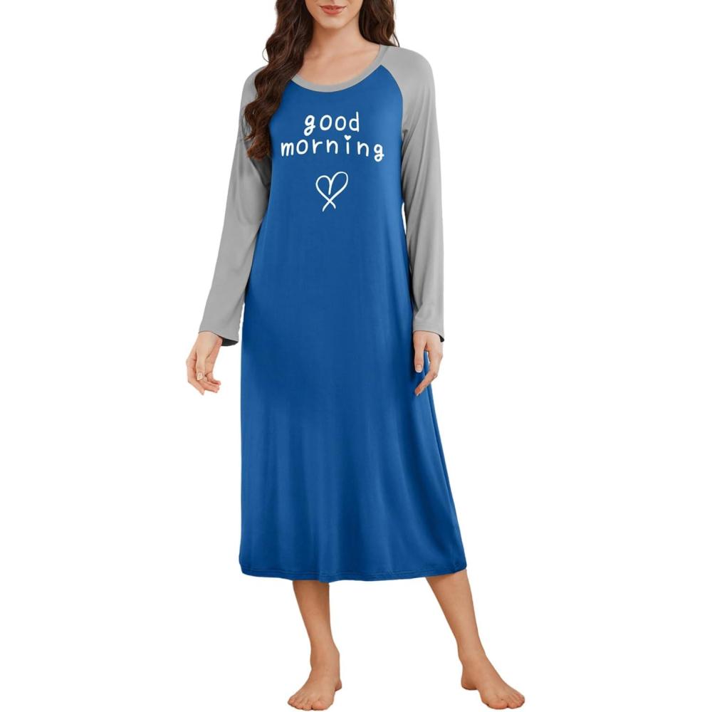 imageEkouaer Long Sleeve Nightgowns for Women Calf Length Sleep Shirts Crew Neck Soft Nightshirts SXXLBlue Good Morning