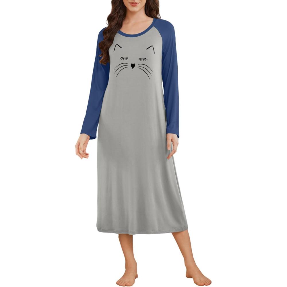 imageEkouaer Long Sleeve Nightgowns for Women Calf Length Sleep Shirts Crew Neck Soft Nightshirts SXXLLight Grey Cat