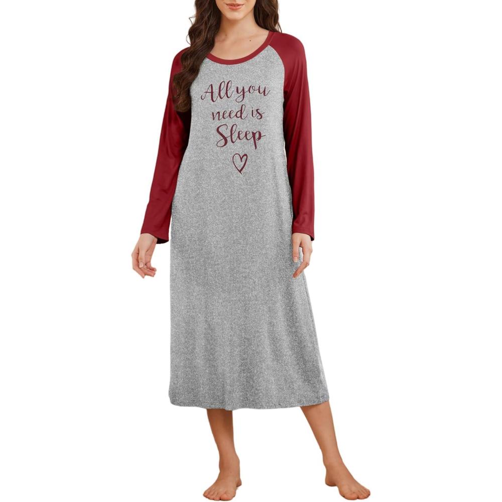 imageEkouaer Long Sleeve Nightgowns for Women Calf Length Sleep Shirts Crew Neck Soft Nightshirts SXXLLight Grey Word