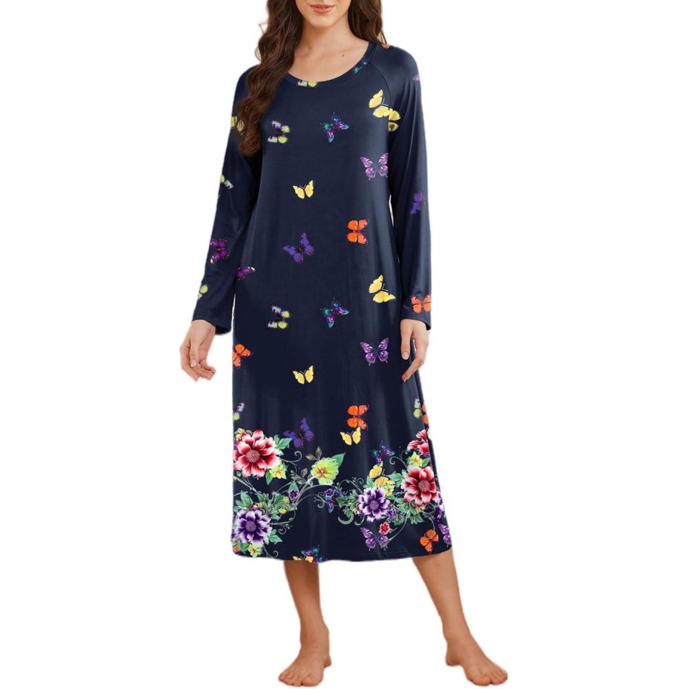 imageEkouaer Long Sleeve Nightgowns for Women Calf Length Sleep Shirts Crew Neck Soft Nightshirts SXXLPurple Butterfly Flower