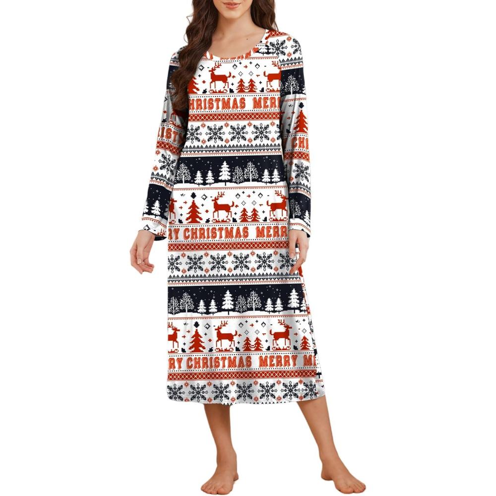 imageEkouaer Long Sleeve Nightgowns for Women Calf Length Sleep Shirts Crew Neck Soft Nightshirts SXXLRed Christmas Deer