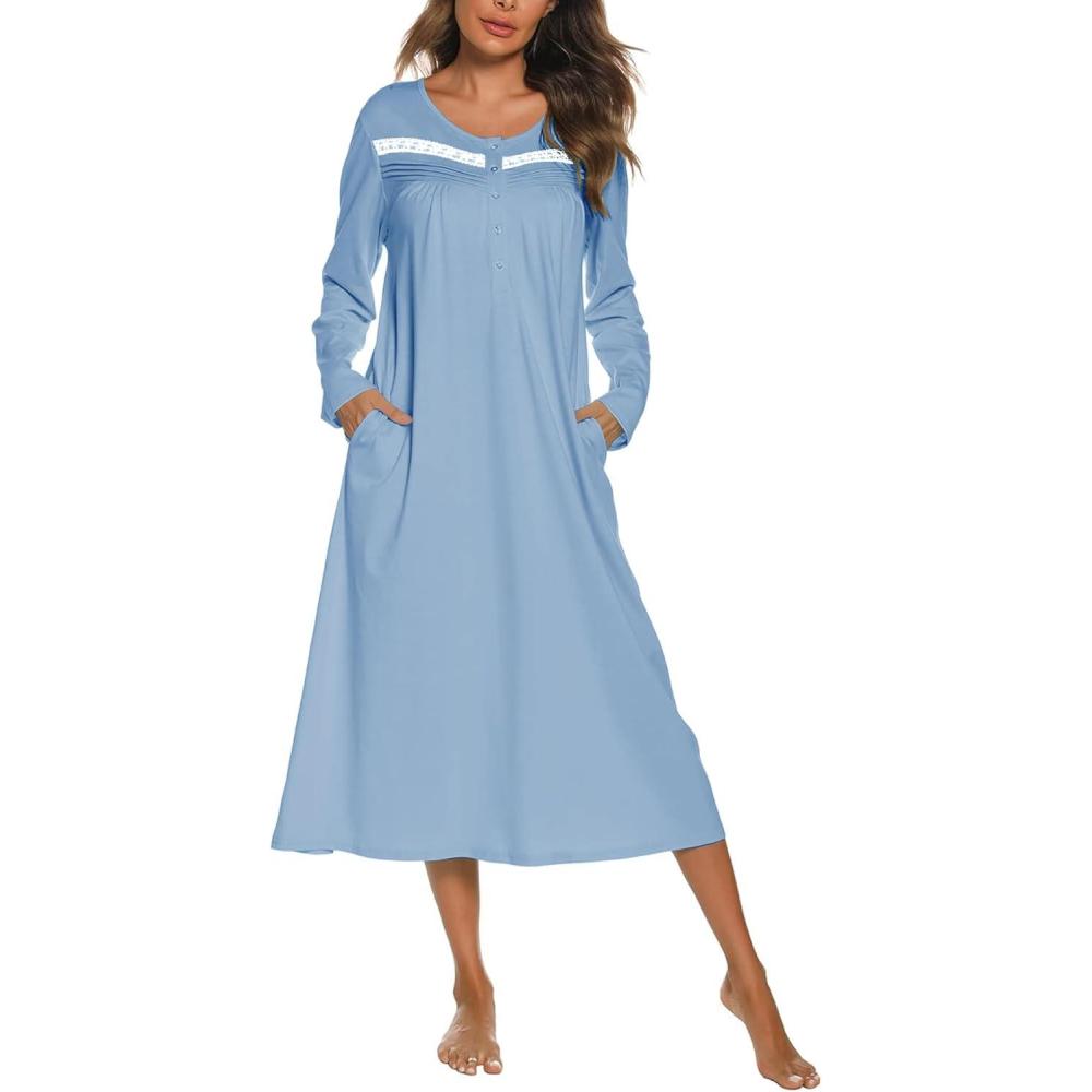 imageEkouaer Long Sleeve Nightgowns for Women Long Sleepshirts Button Night Gowns Sleepwear Full Length Sleep Dress with PocketsLight Blue