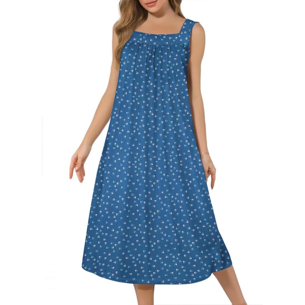 imageEkouaer Long Sleeveless Nightgowns for Women Ladies Night Gown Embroidery Sleepdress Tank Nightdress Victorian SleepshirtBlue Paw