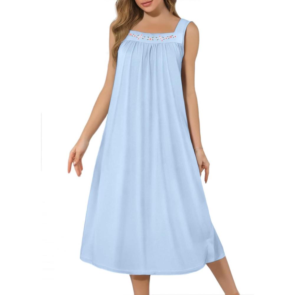 imageEkouaer Long Sleeveless Nightgowns for Women Ladies Night Gown Embroidery Sleepdress Tank Nightdress Victorian SleepshirtLight Blue