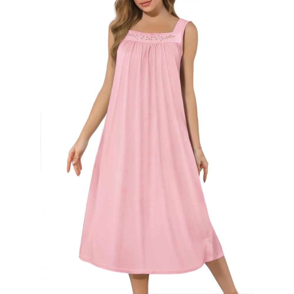imageEkouaer Long Sleeveless Nightgowns for Women Ladies Night Gown Embroidery Sleepdress Tank Nightdress Victorian SleepshirtPink