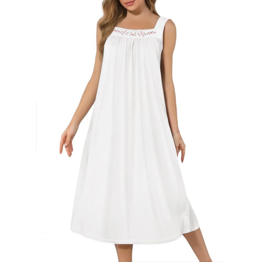 imageEkouaer Long Sleeveless Nightgowns for Women Ladies Night Gown Embroidery Sleepdress Tank Nightdress Victorian SleepshirtWhite