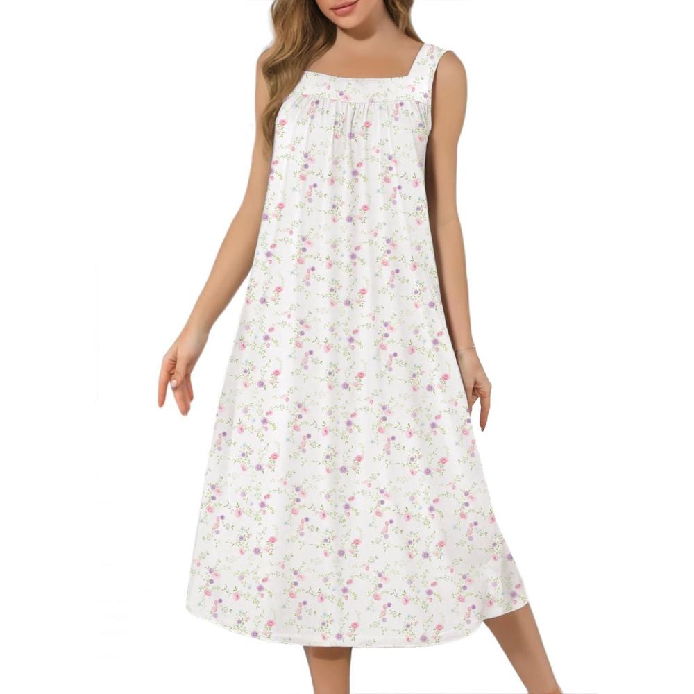 imageEkouaer Long Sleeveless Nightgowns for Women Ladies Night Gown Embroidery Sleepdress Tank Nightdress Victorian SleepshirtWhite Flower
