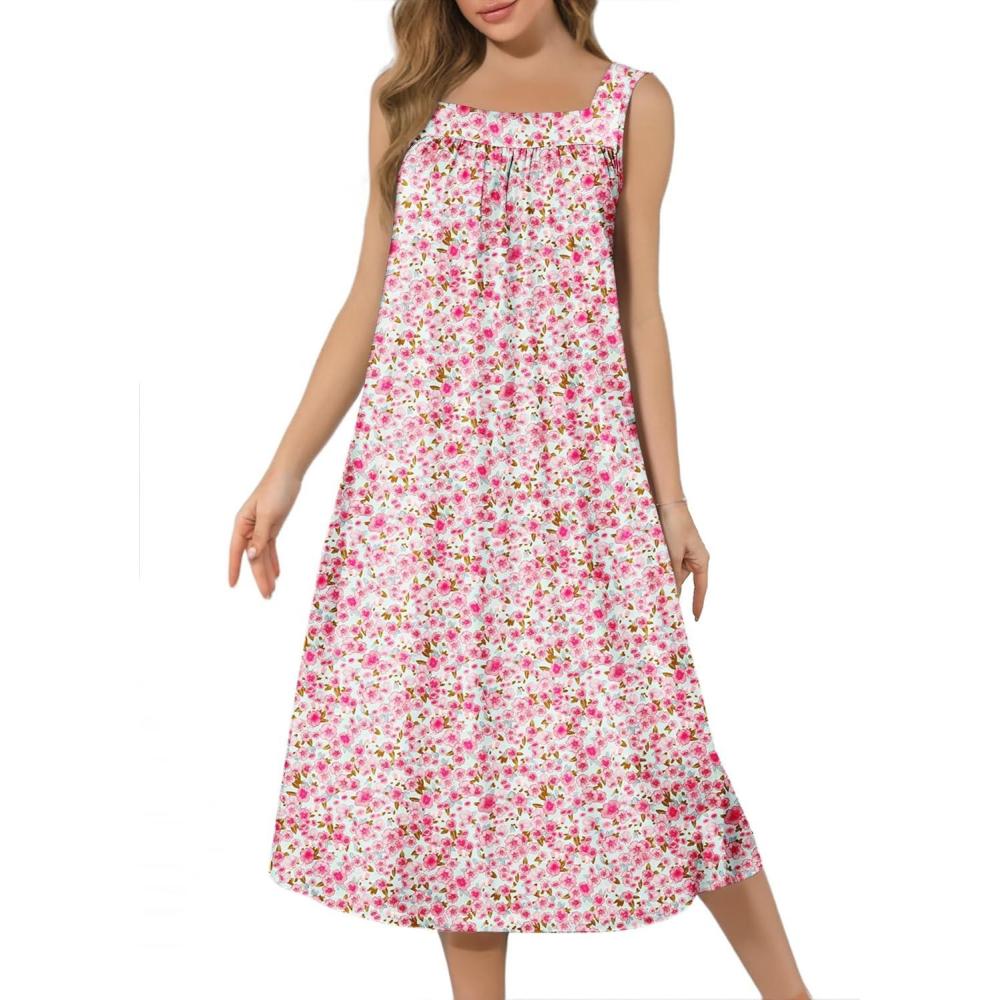 imageEkouaer Long Sleeveless Nightgowns for Women Ladies Night Gown Embroidery Sleepdress Tank Nightdress Victorian SleepshirtWhite Pink Floral