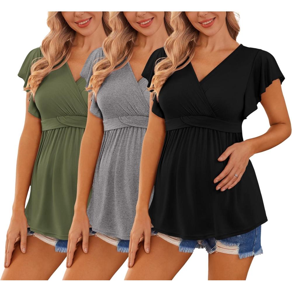 imageEkouaer Maternity Shirts 3 Packs Flying Short Sleeve Nursing Tops Pregnancy ClothesArmy Green Grey Black3pcs
