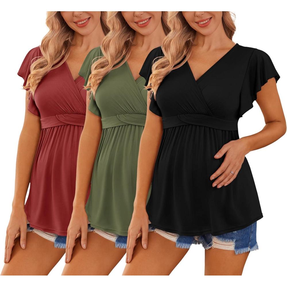 imageEkouaer Maternity Shirts 3 Packs Flying Short Sleeve Nursing Tops Pregnancy ClothesBlackarmy Greenwine Red3pcs