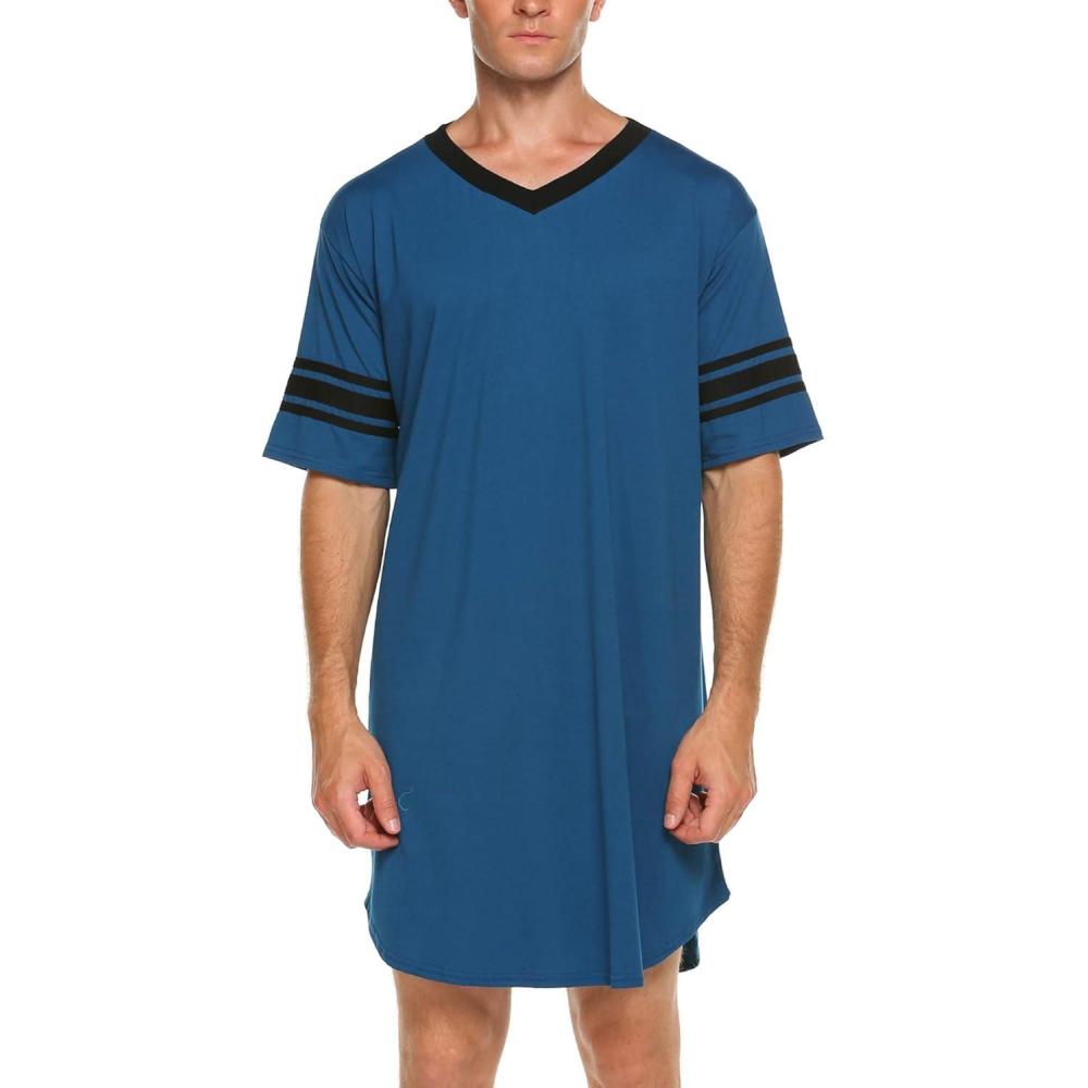 imageEkouaer Mens Nightshirt Comfy Nightwear BigampTall V Neck Short Sleeve Soft Loose Pajama Sleep ShirtBlue