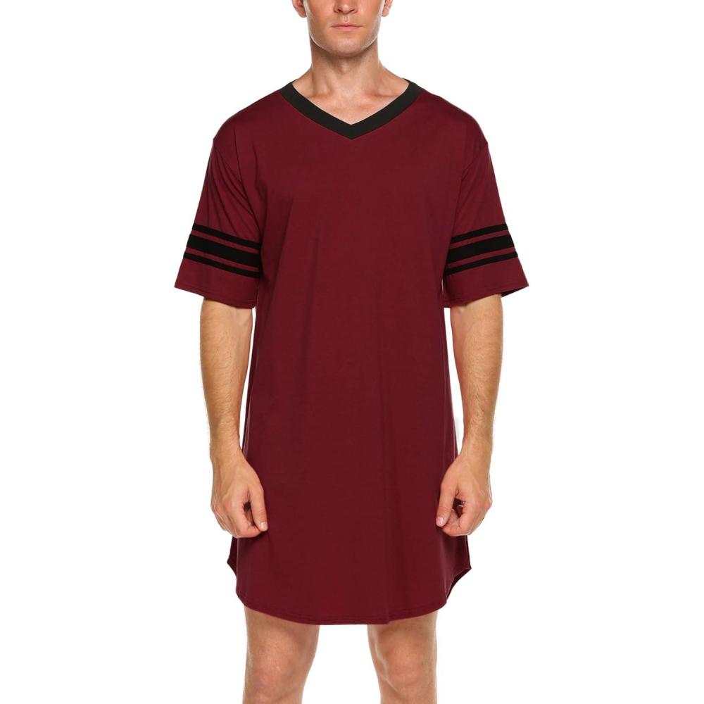 imageEkouaer Mens Nightshirt Comfy Nightwear BigampTall V Neck Short Sleeve Soft Loose Pajama Sleep ShirtWine Red