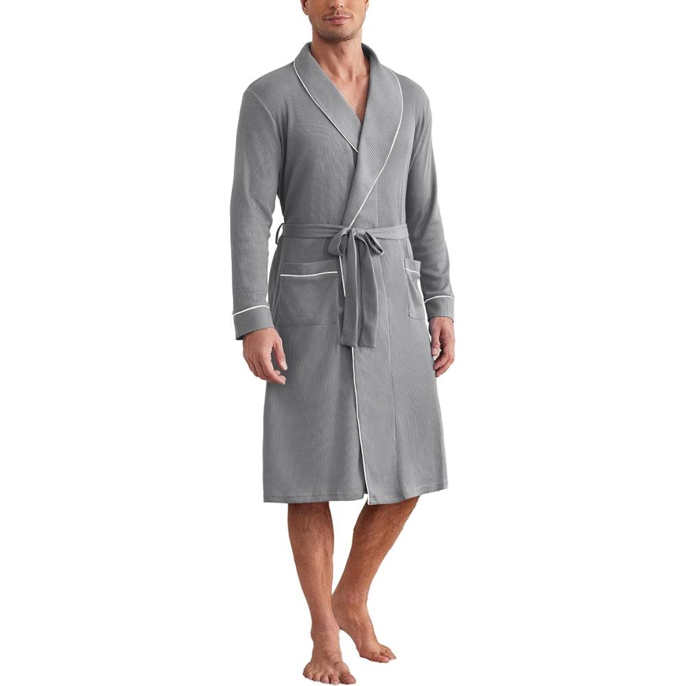 imageEkouaer Mens Robes Lightweight Waffle Knit Kimono Bathrobe Long Sleeve Sleepwear Soft Knee Length Robe with Pockets S3XLLight Grey