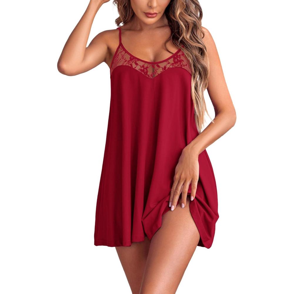 imageEkouaer Nightgown Sexy Lingerie for Women Nightwear Lace Chemise Sleeveless Camisole Slip Dress Babydoll SleepwearAwine Red