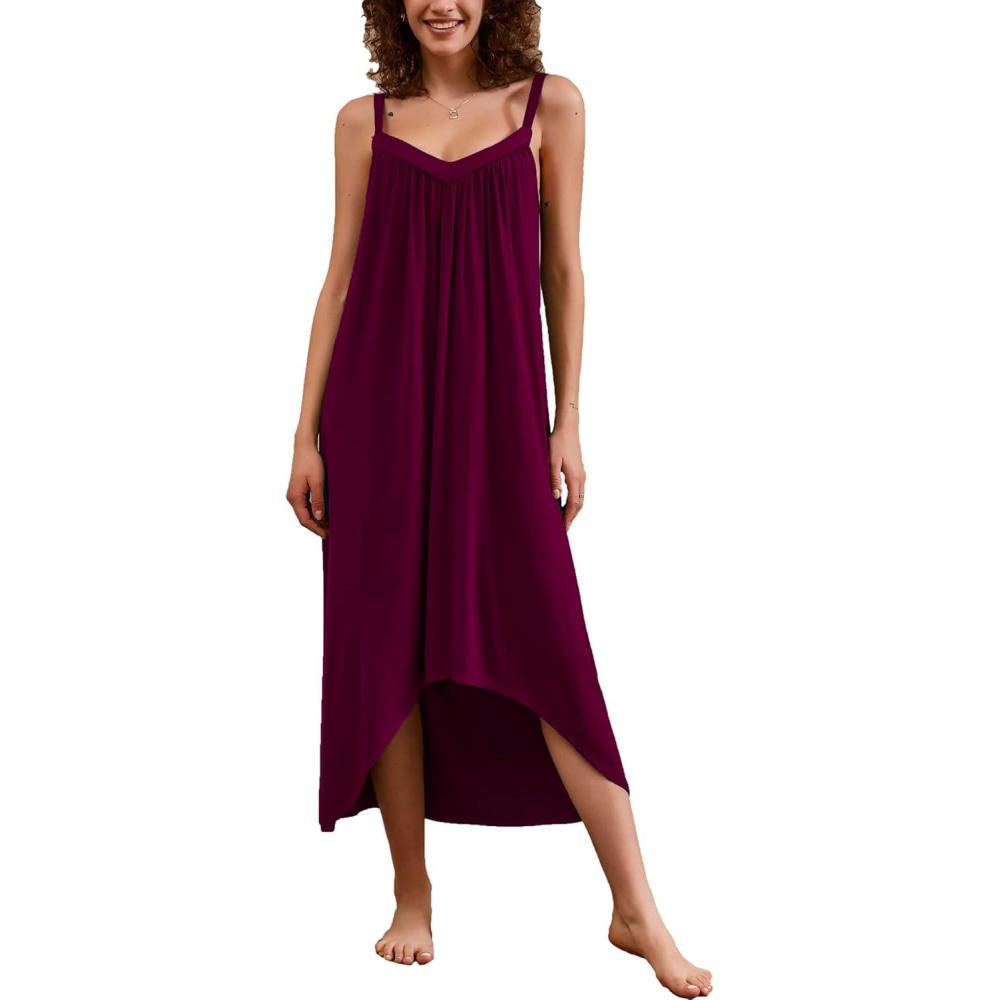 imageEkouaer Nightgown for Women Sleeveless Night Gown Long Sleepdress Soft Nightshirt Full Slip Nightdress Cherry Red Large