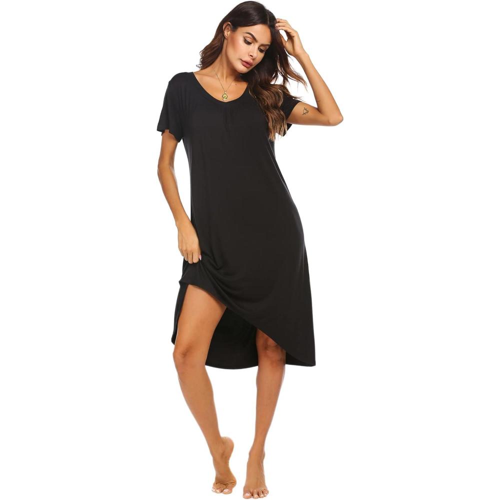 imageEkouaer Nightgowns Womens Short Sleeve Sleepwear Comfy Loungewear Plus Size Night Shirt S3XLAblack