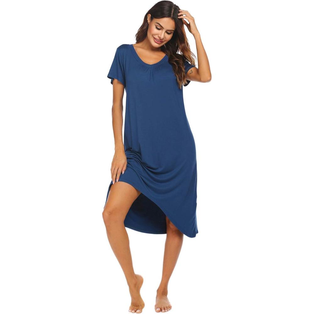 imageEkouaer Nightgowns Womens Short Sleeve Sleepwear Comfy Loungewear Plus Size Night Shirt S3XLAnavy Blue