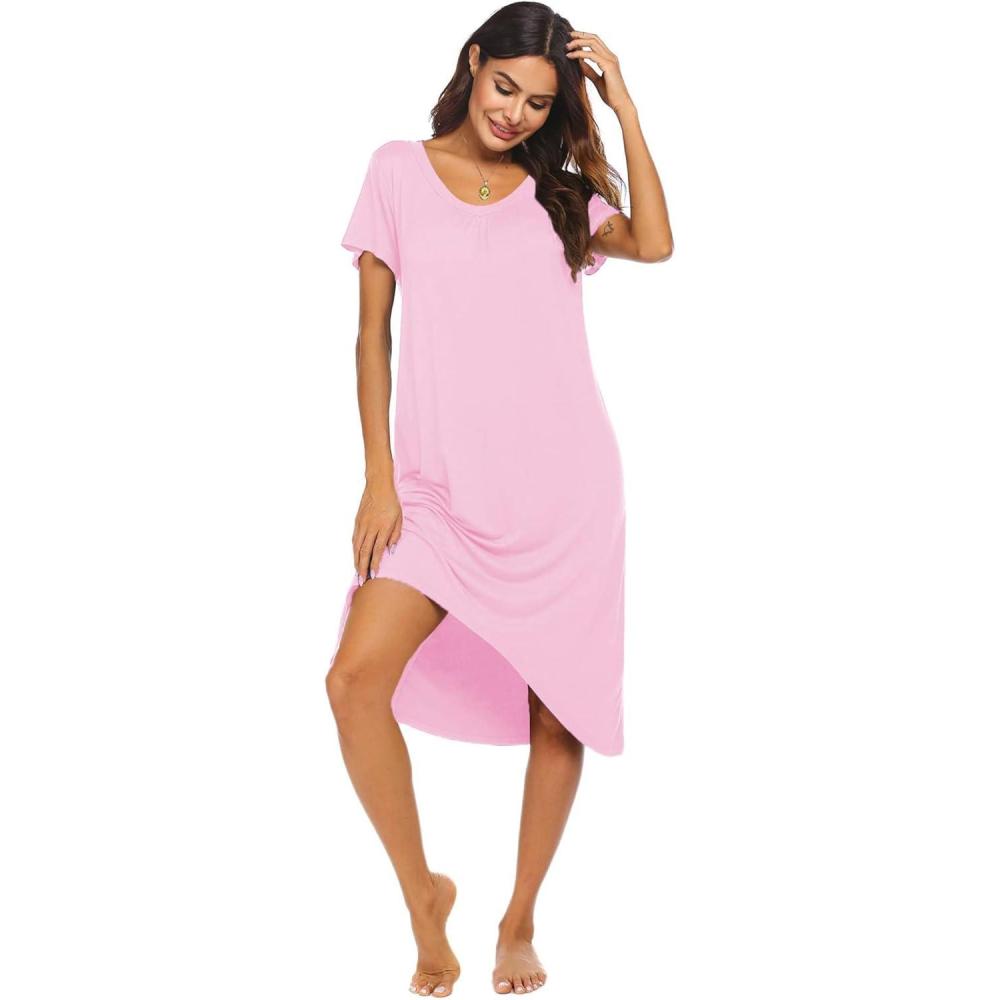 imageEkouaer Nightgowns Womens Short Sleeve Sleepwear Comfy Loungewear Plus Size Night Shirt S3XLBpink