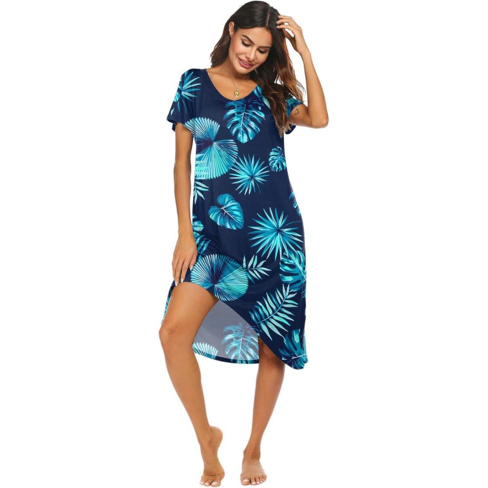 imageEkouaer Nightgowns Womens Short Sleeve Sleepwear Comfy Loungewear Plus Size Night Shirt S3XLCleafpat7