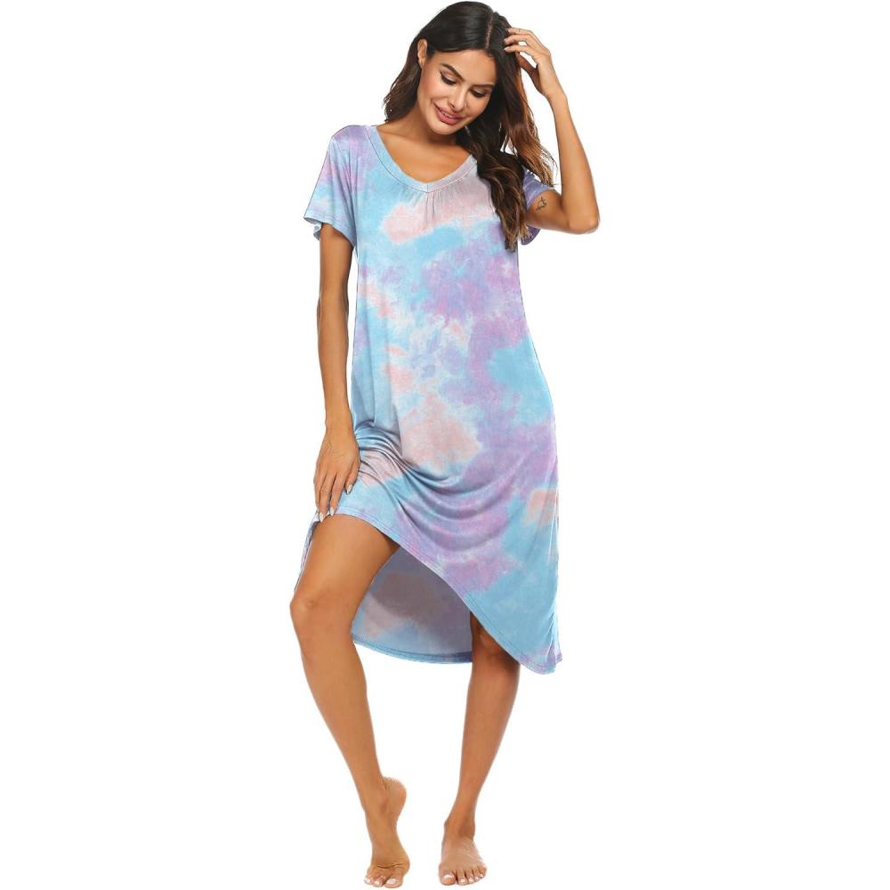 imageEkouaer Nightgowns Womens Short Sleeve Sleepwear Comfy Loungewear Plus Size Night Shirt S3XLTie Dye Blue Purple
