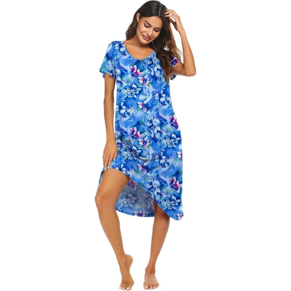 imageEkouaer Nightgowns Womens Short Sleeve Sleepwear Comfy Loungewear Plus Size Night Shirt S3XLTie Dye Dark Blue
