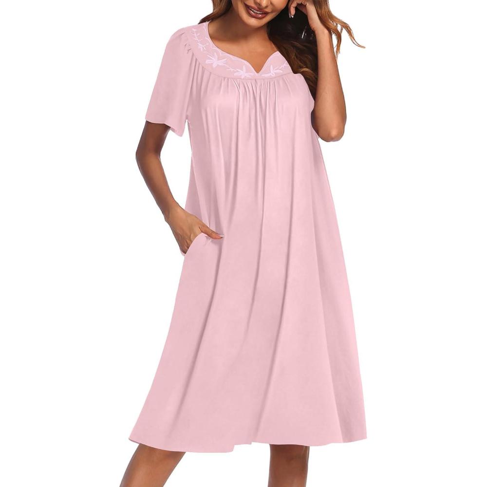 imageEkouaer Nightgowns for Women Cotton Nightgown House Dress with Pockets Short Sleeve Mumu Dress Embroidered Lounge DressDeep Pink
