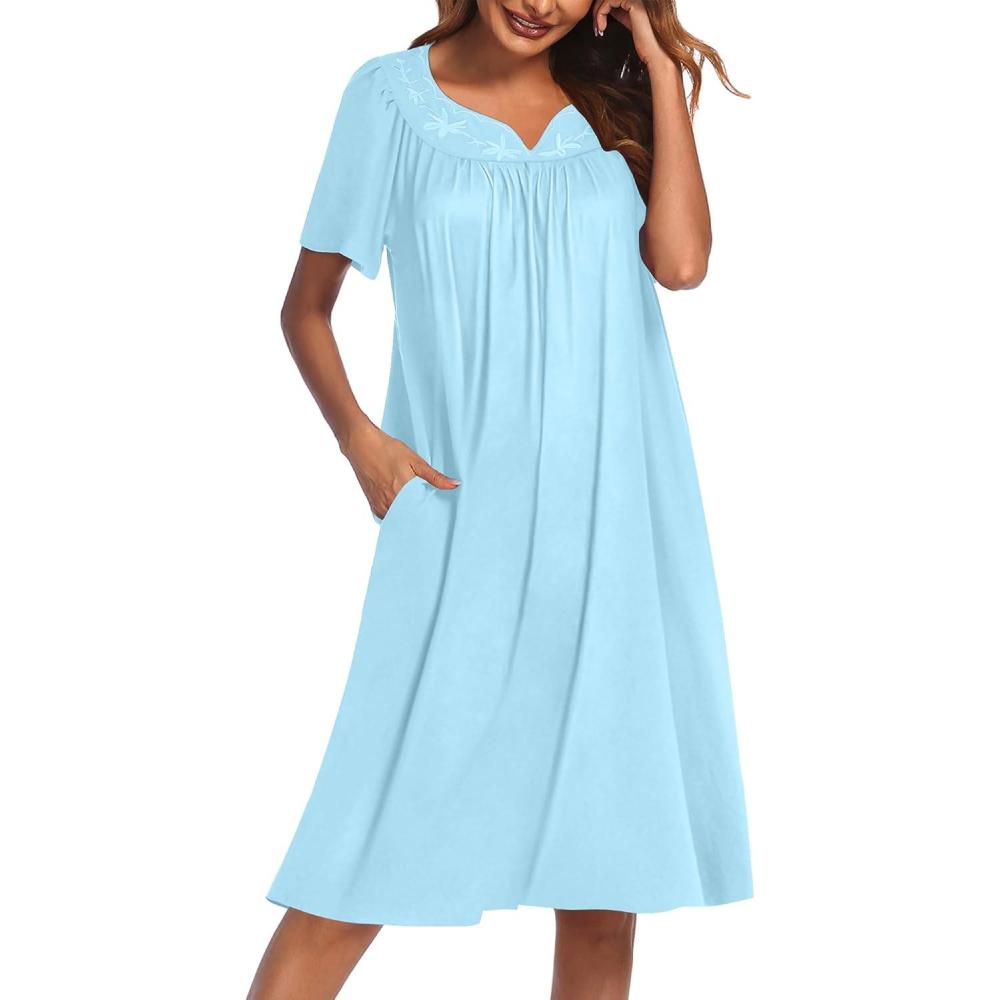 imageEkouaer Nightgowns for Women Cotton Nightgown House Dress with Pockets Short Sleeve Mumu Dress Embroidered Lounge DressLight Blue