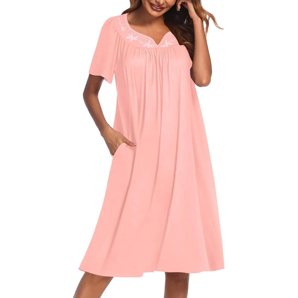 imageEkouaer Nightgowns for Women Cotton Nightgown House Dress with Pockets Short Sleeve Mumu Dress Embroidered Lounge DressLight Pink