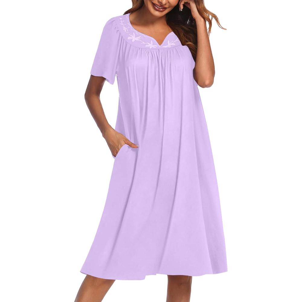 imageEkouaer Nightgowns for Women Cotton Nightgown House Dress with Pockets Short Sleeve Mumu Dress Embroidered Lounge DressLight Purple