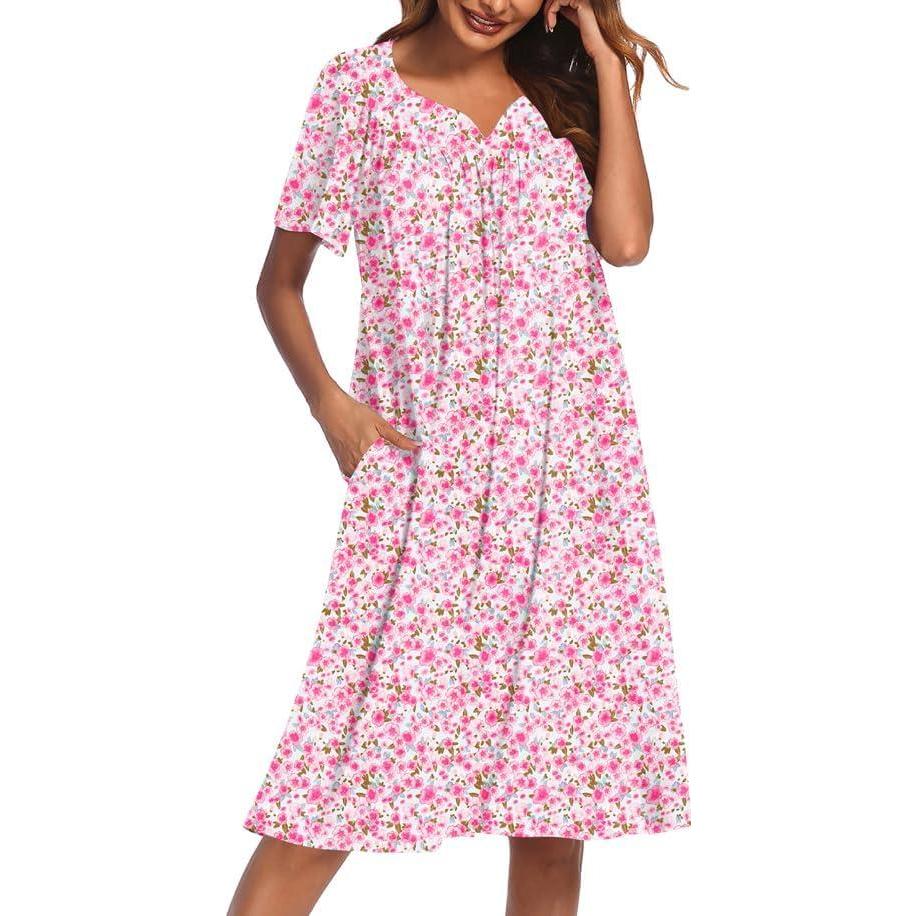 imageEkouaer Nightgowns for Women Cotton Nightgown House Dress with Pockets Short Sleeve Mumu Dress Embroidered Lounge DressPink Floral
