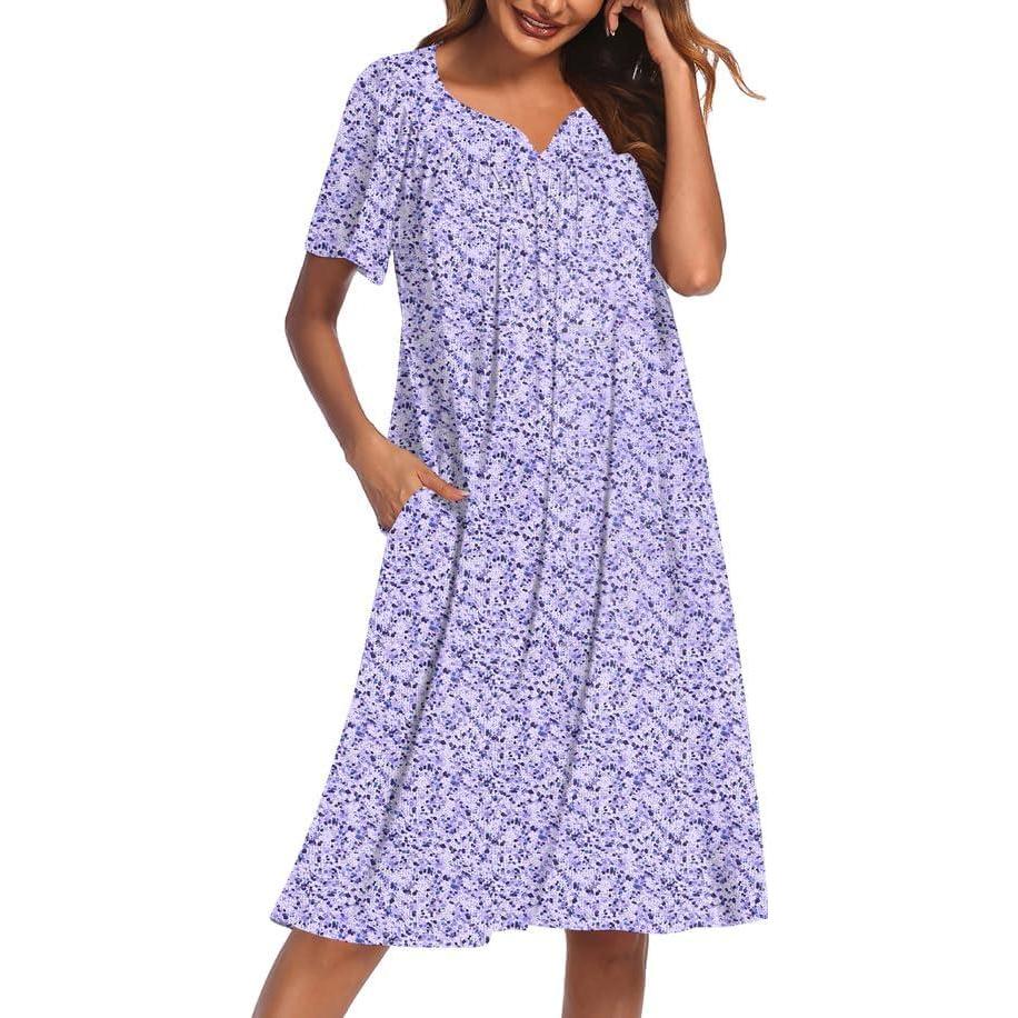imageEkouaer Nightgowns for Women Cotton Nightgown House Dress with Pockets Short Sleeve Mumu Dress Embroidered Lounge DressPurple Flowers